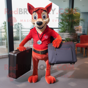 Red Dingo mascot costume character dressed with a Jeans and Briefcases