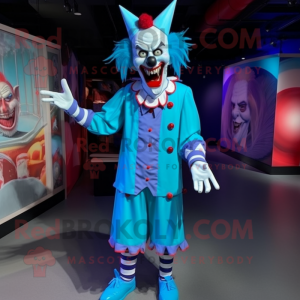 Cyan Evil Clown mascot costume character dressed with a Dress Shirt and Shoe clips