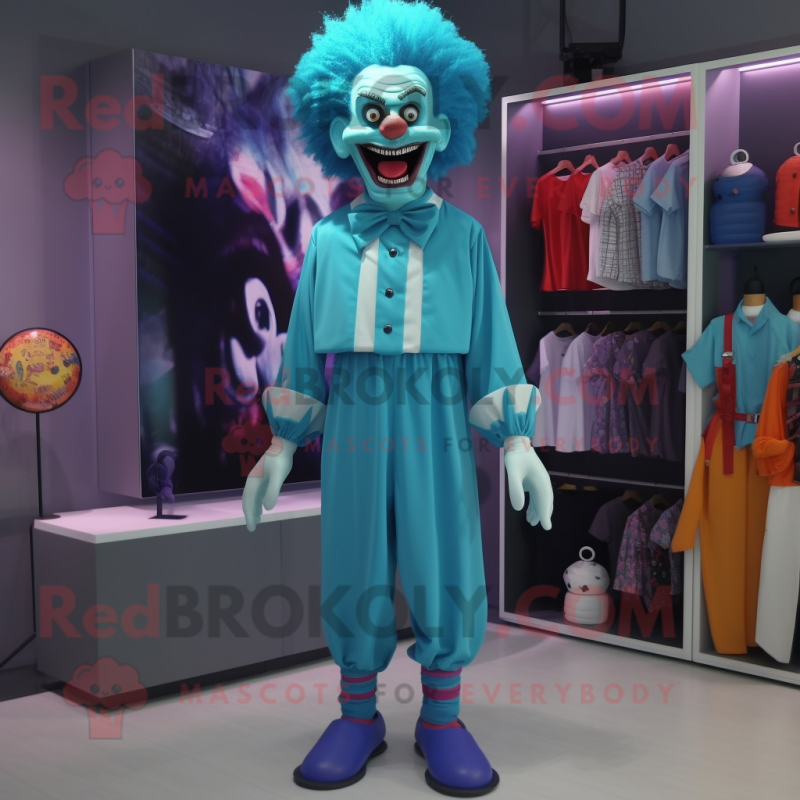 Cyan Evil Clown mascot costume character dressed with a Dress Shirt and Shoe clips Cyan Evil Clown mascot costume character dressed with a Dress Shirt and Shoe clips