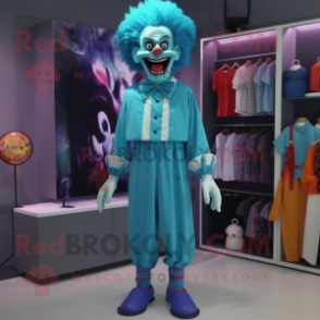 Cyan Evil Clown mascot costume character dressed with a Dress Shirt and Shoe clips