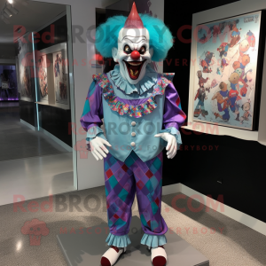 Cyan Evil Clown mascot costume character dressed with a Dress Shirt and Shoe clips