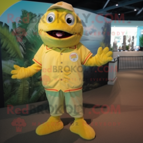 Lemon Yellow Piranha mascot costume character dressed with a Henley Tee and Cummerbunds