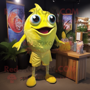 Lemon Yellow Piranha mascot costume character dressed with a Henley Tee and Cummerbunds