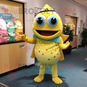 Lemon Yellow Piranha mascot costume character dressed with a Henley Tee and Cummerbunds