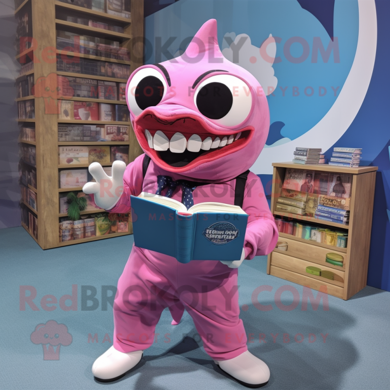 Pink Shark mascot costume character dressed with a Dungarees and Reading glasses