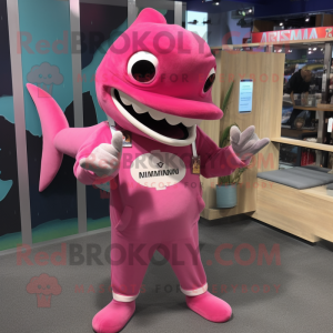 Pink Shark mascot costume character dressed with a Dungarees and Reading glasses