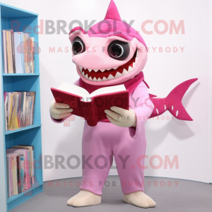 Pink Shark mascot costume character dressed with a Dungarees and Reading glasses