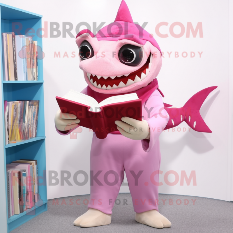 Pink Shark mascot costume character dressed with a Dungarees and Reading glasses Pink Shark mascot costume character dressed with a Dungarees and Reading glasses
