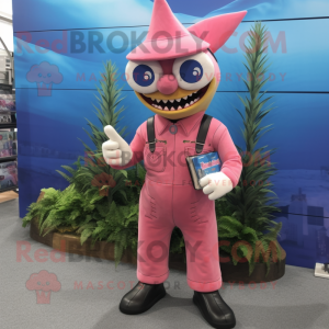Pink Shark mascot costume character dressed with a Dungarees and Reading glasses