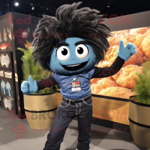 Black Ramen mascot costume character dressed with a Denim Shirt and Hair clips