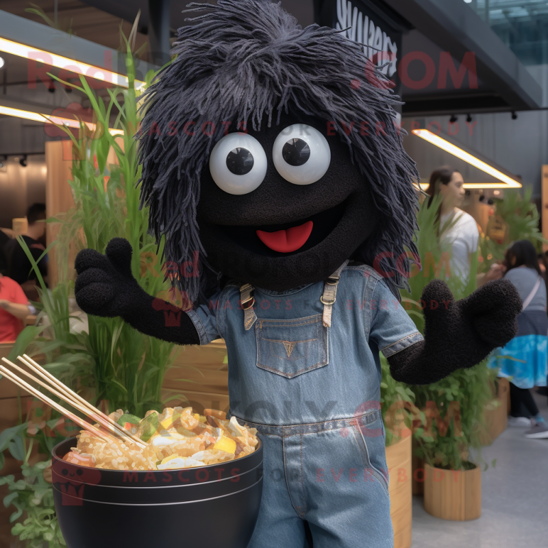 Black Ramen mascot costume character dressed with a Denim Shirt and Hair clips Black Ramen mascot costume character dressed with a Denim Shirt and Hair clips