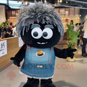 Black Ramen mascot costume character dressed with a Denim Shirt and Hair clips