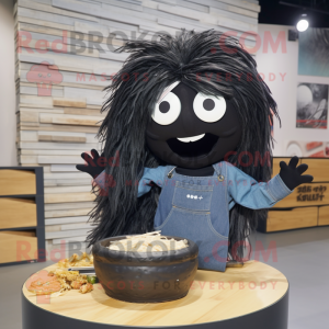 Black Ramen mascot costume character dressed with a Denim Shirt and Hair clips