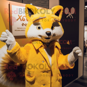 Yellow Fox mascot costume character dressed with a Coat and Hairpins