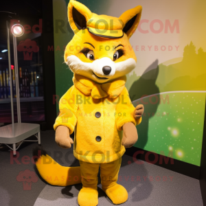 Yellow Fox mascot costume character dressed with a Coat and Hairpins