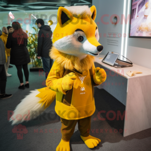 Yellow Fox mascot costume character dressed with a Coat and Hairpins