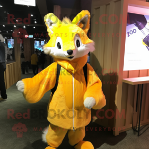 Yellow Fox mascot costume character dressed with a Coat and Hairpins