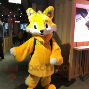 Yellow Fox mascot costume character dressed with a Coat and Hairpins