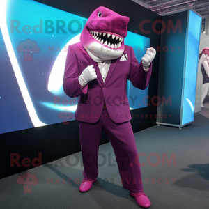 Magenta Megalodon mascot costume character dressed with a Suit Jacket and Belts