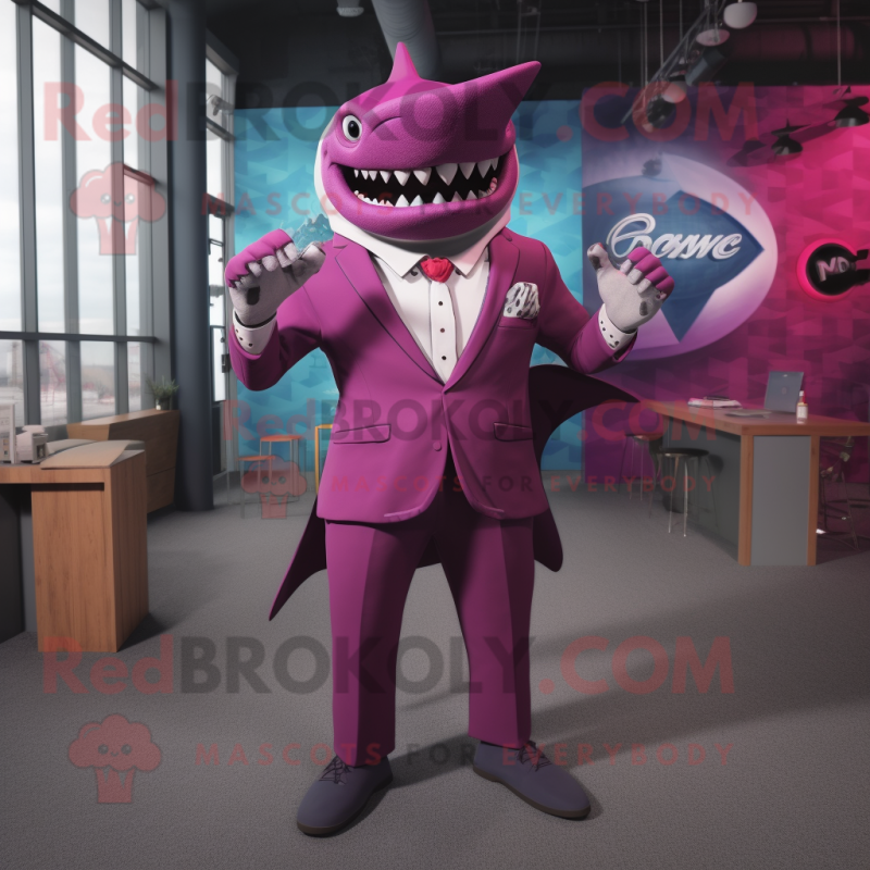 Magenta Megalodon mascot costume character dressed with a Suit Jacket and Belts