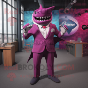 Magenta Megalodon mascot costume character dressed with a Suit Jacket and Belts