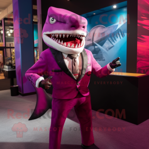 Magenta Megalodon mascot costume character dressed with a Suit Jacket and Belts