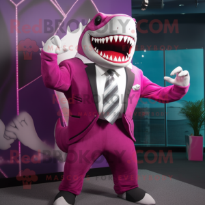 Magenta Megalodon mascot costume character dressed with a Suit Jacket and Belts