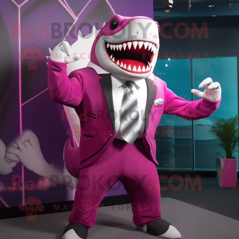 Magenta Megalodon mascot costume character dressed with a Suit Jacket and Belts Magenta Megalodon mascot costume character dressed with a Suit Jacket and Belts
