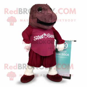 Maroon Stellar'S Sea Cow mascot costume character dressed with a Culottes and Shoe clips