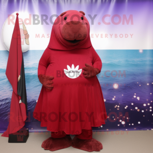 Maroon Stellar'S Sea Cow mascot costume character dressed with a Culottes and Shoe clips