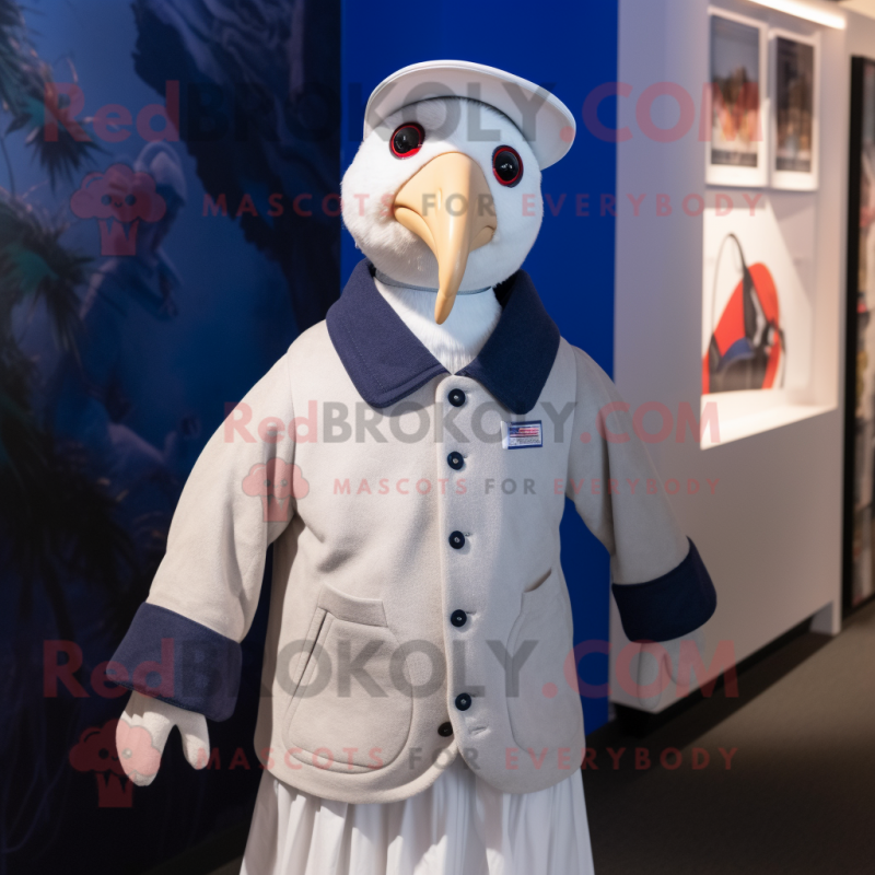 White Guinea Fowl mascot costume character dressed with a Sweatshirt and Berets White Guinea Fowl mascot costume character dressed with a Sweatshirt and Berets