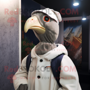 White Guinea Fowl mascot costume character dressed with a Sweatshirt and Berets