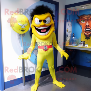 Lemon Yellow Vampire mascot costume character dressed with a Rash Guard and Hair clips