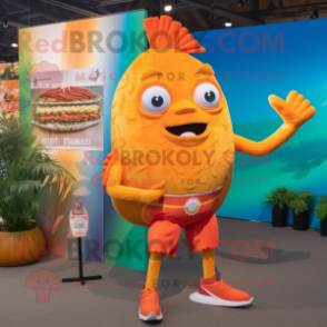 Orange Fish Tacos mascot costume character dressed with a Yoga Pants and Hairpins