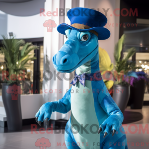 Maskotkarakter af en cyan...