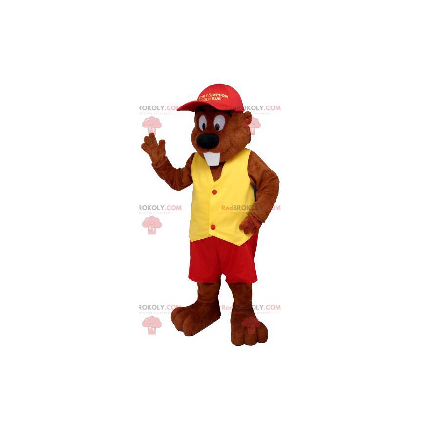 Biber Maskottchen in rot und gelb gekleidet - Redbrokoly.com