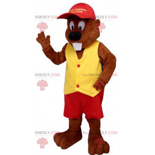 Biber Maskottchen in rot und gelb gekleidet - Redbrokoly.com