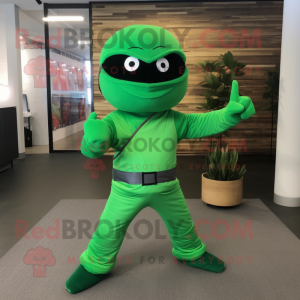 Green Ninja mascot costume character dressed with a Flare Jeans and Shoe clips