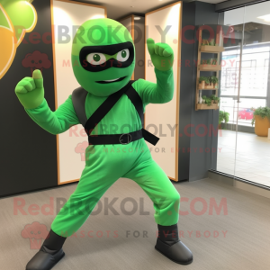 Green Ninja mascot costume character dressed with a Flare Jeans and Shoe clips