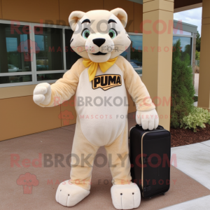 Cream Puma mascot costume character dressed with a Corduroy Pants and Briefcases