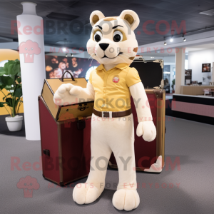 Cream Puma mascot costume character dressed with a Corduroy Pants and Briefcases