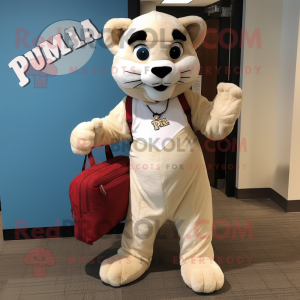 Cream Puma mascot costume character dressed with a Corduroy Pants and Briefcases