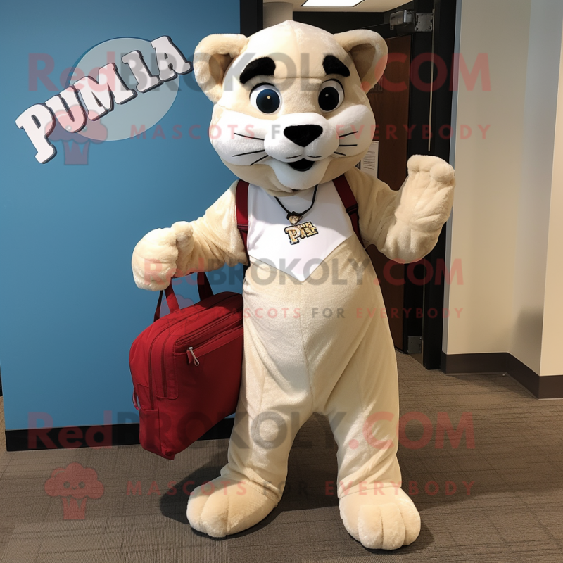 Cream Puma mascot costume character dressed with a Corduroy Pants and Briefcases Cream Puma mascot costume character dressed with a Corduroy Pants and Briefcases