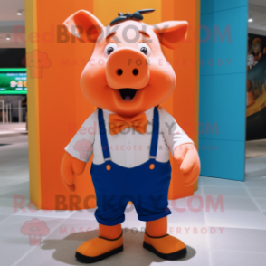 Orange Pig mascot costume character dressed with a Bermuda Shorts and Bow ties