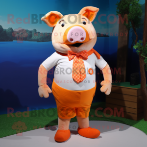 Orange Pig mascot costume character dressed with a Bermuda Shorts and Bow ties