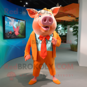 Orange Pig mascot costume character dressed with a Bermuda Shorts and Bow ties