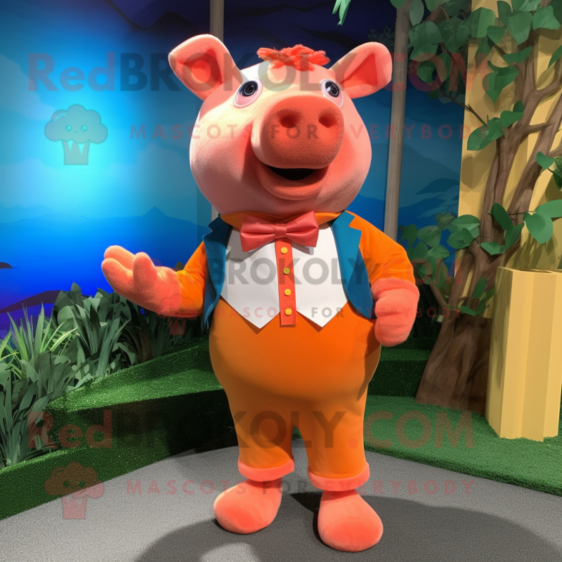 Orange Pig mascot costume character dressed with a Bermuda Shorts and Bow ties Orange Pig mascot costume character dressed with a Bermuda Shorts and Bow ties