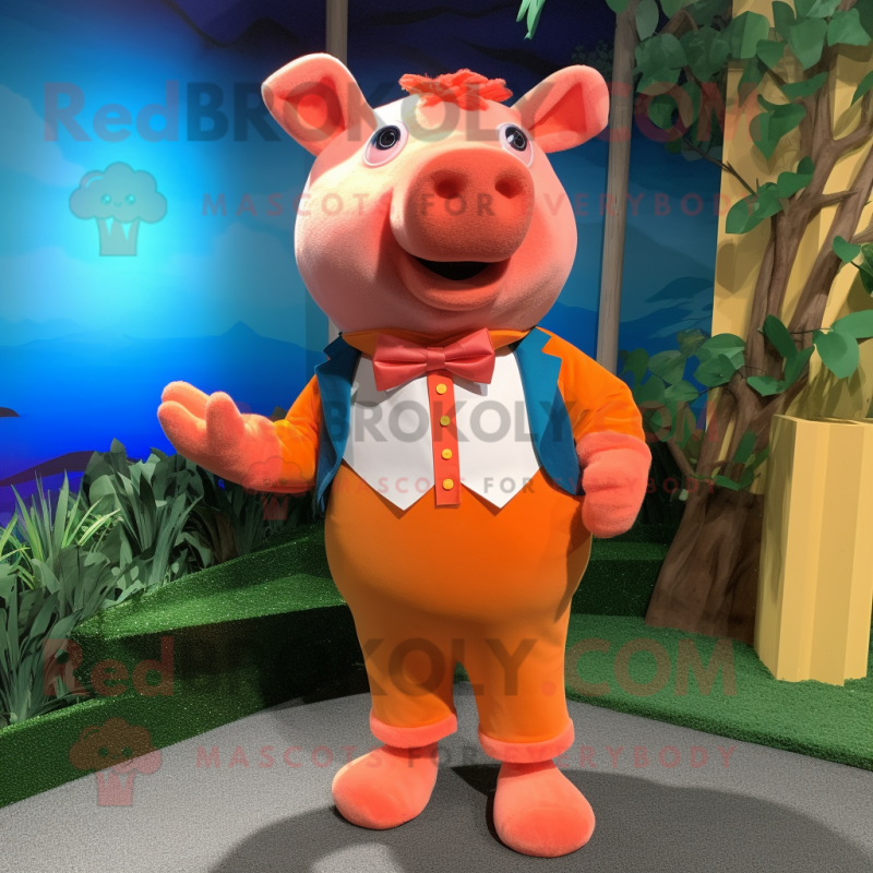 Orange Pig mascot costume character dressed with a Bermuda Shorts and Bow ties