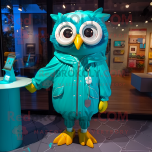 Turquoise Owl mascot costume character dressed with a Raincoat and Smartwatches