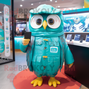 Turquoise Owl mascot costume character dressed with a Raincoat and Smartwatches